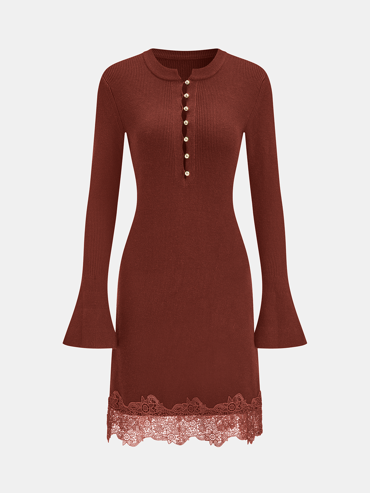 Wool Blend Lace Hem Metal Button Mini Dress