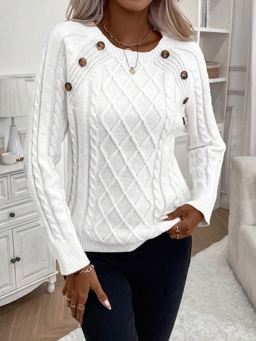 Samantha| Button-Detail Cable Knit Jumper