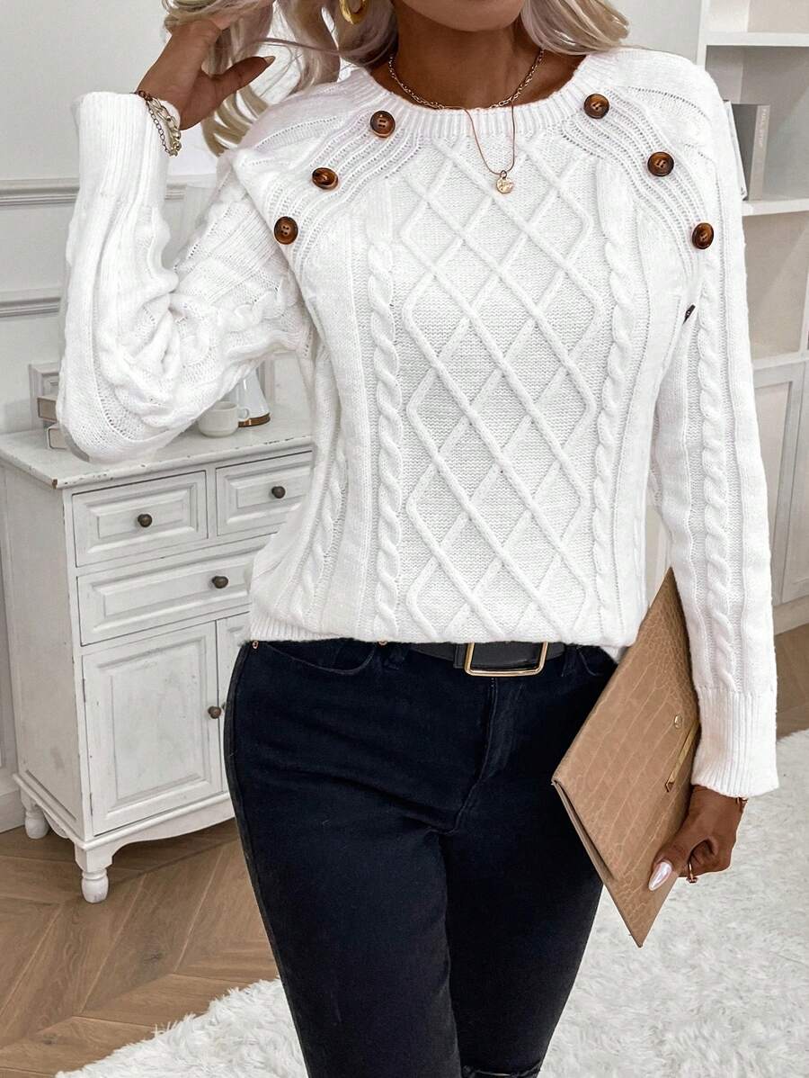 Samantha| Button-Detail Cable Knit Jumper