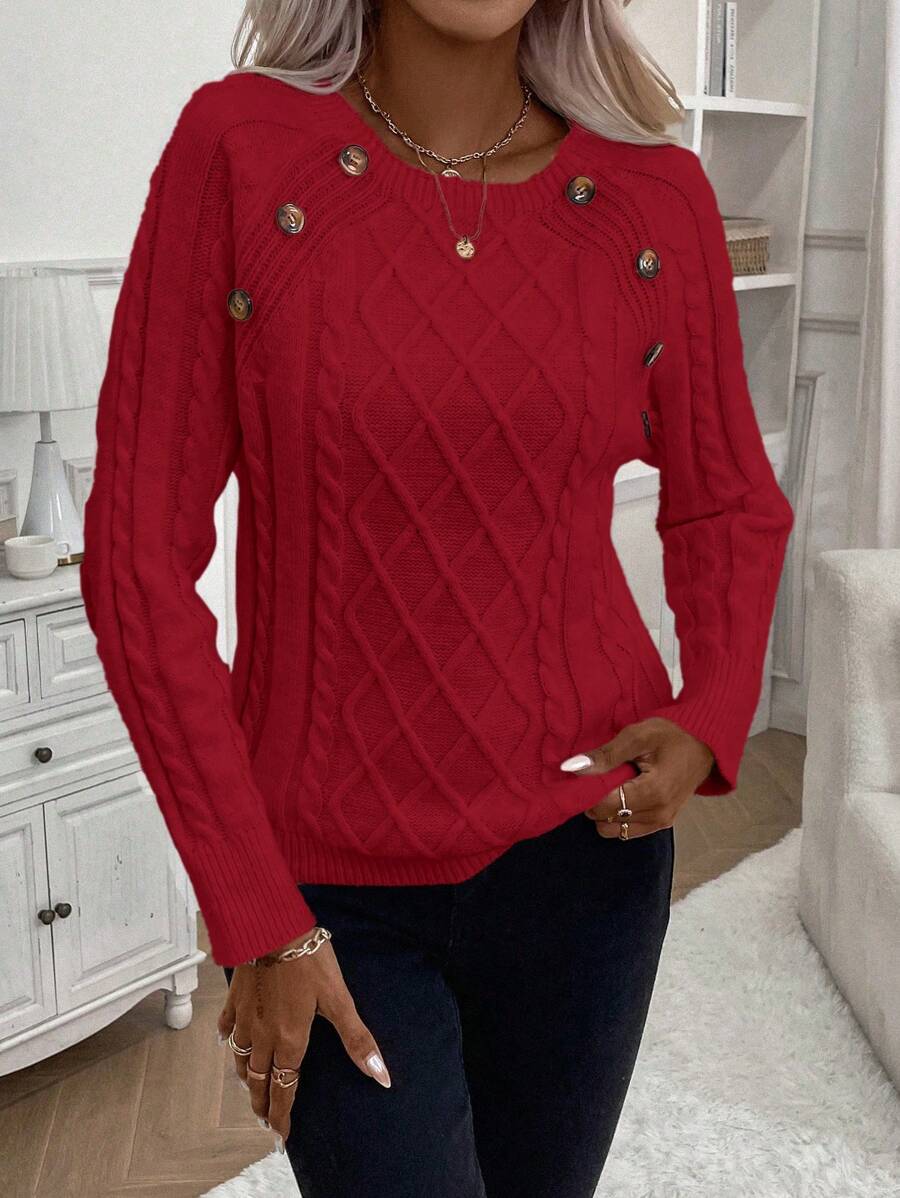 Samantha| Button-Detail Cable Knit Jumper