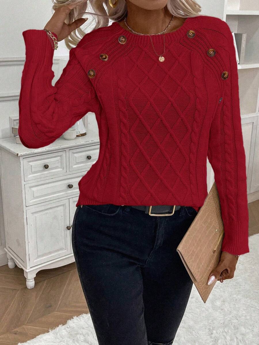 Samantha| Button-Detail Cable Knit Jumper