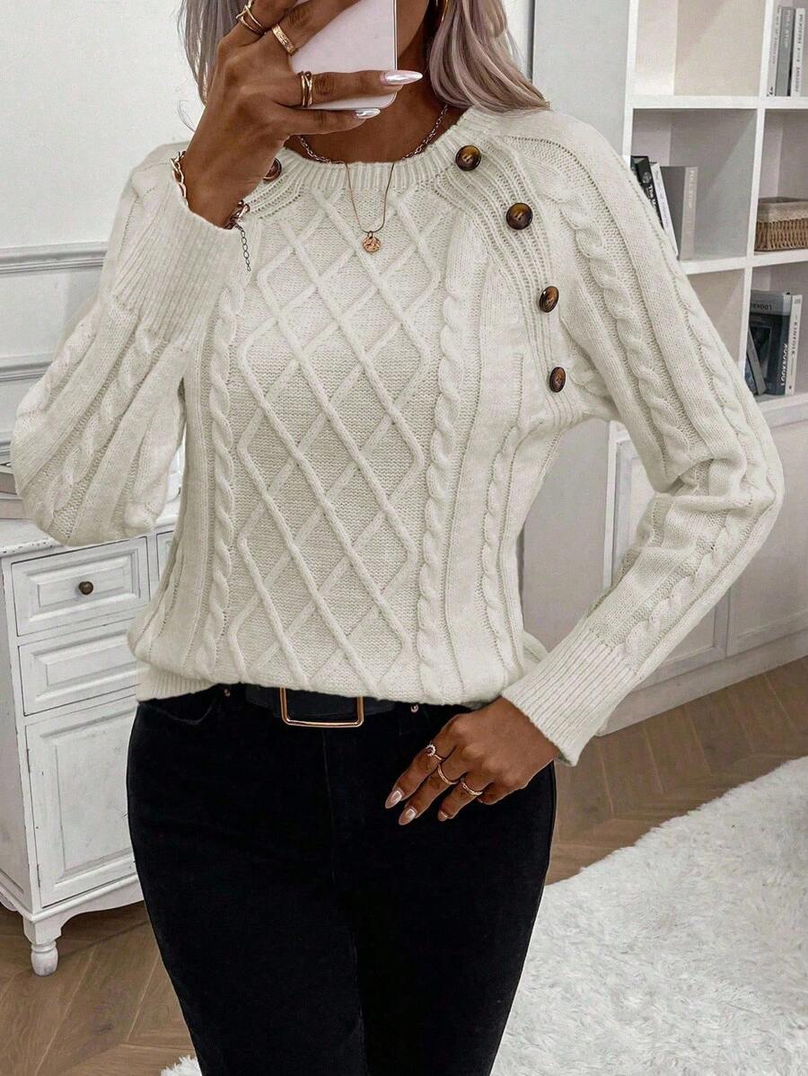 Samantha| Button-Detail Cable Knit Jumper