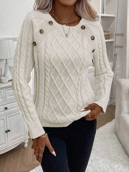 Samantha| Button-Detail Cable Knit Jumper