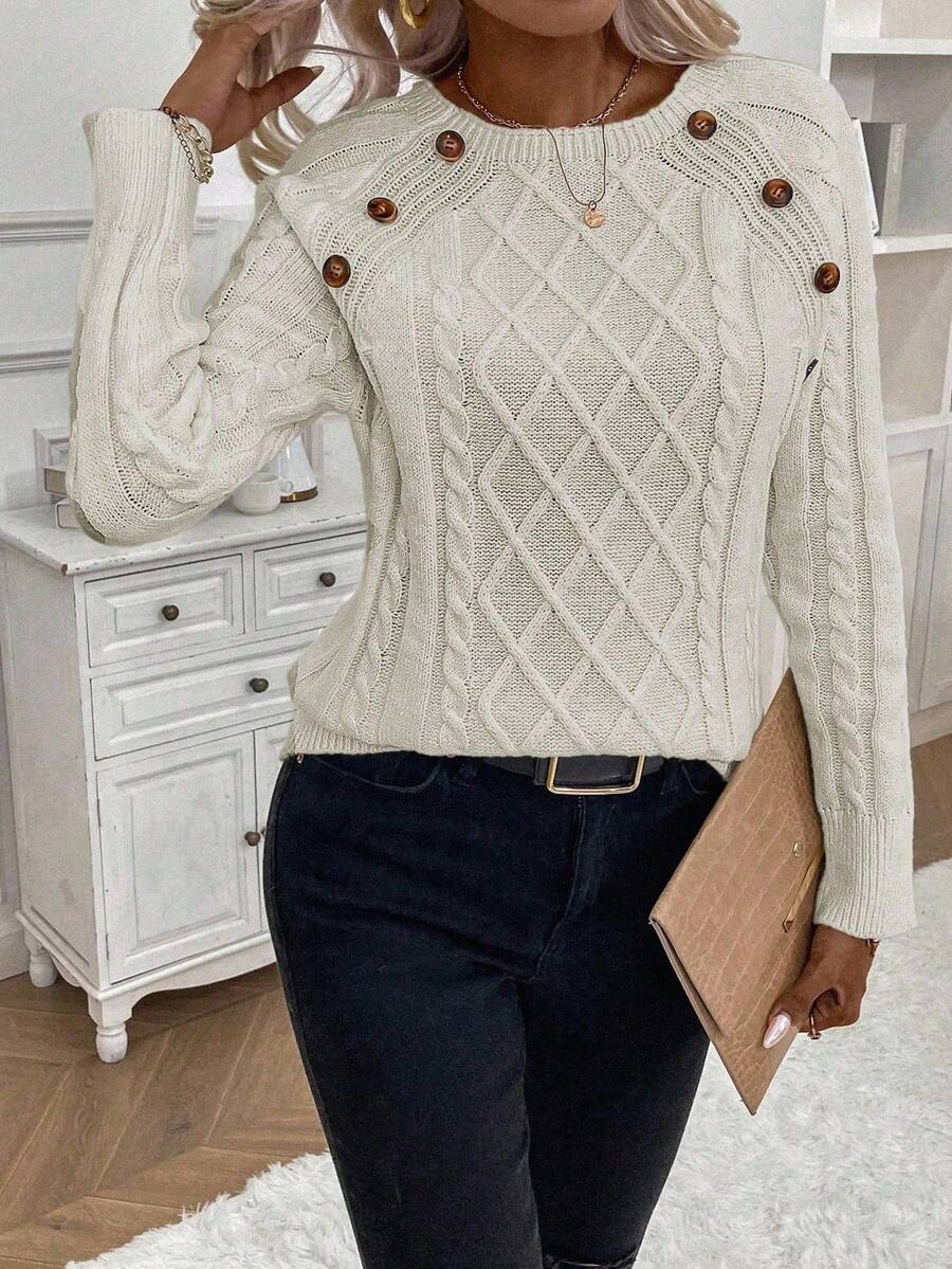 Samantha| Button-Detail Cable Knit Jumper