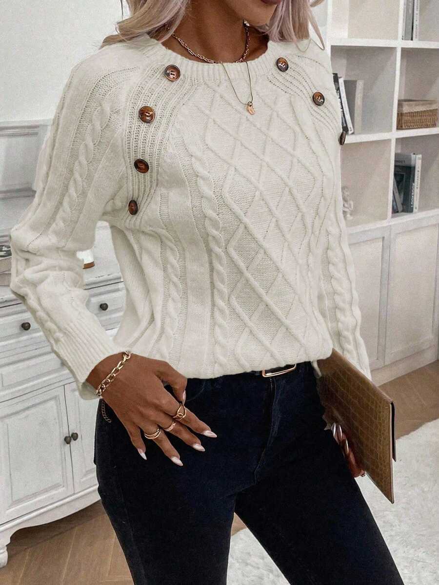 Samantha| Button-Detail Cable Knit Jumper
