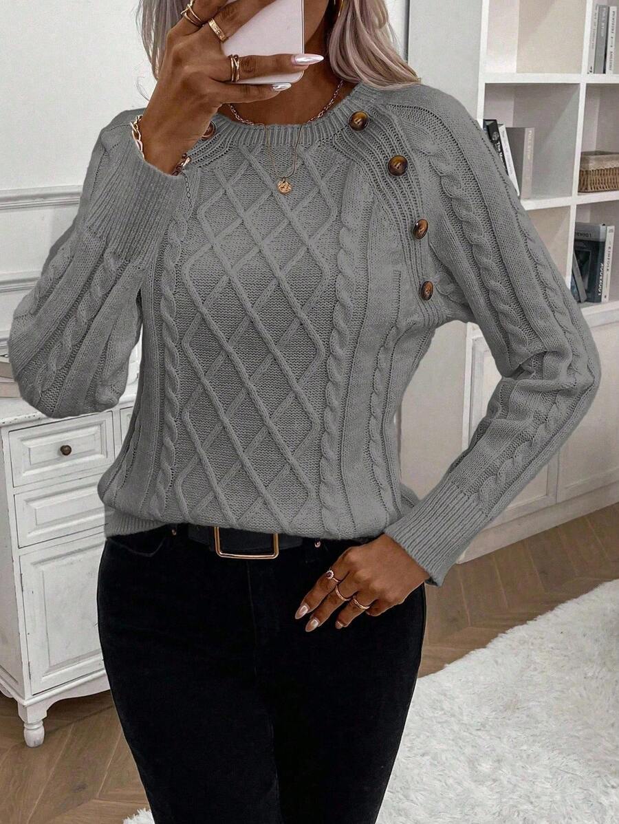 Samantha| Button-Detail Cable Knit Jumper
