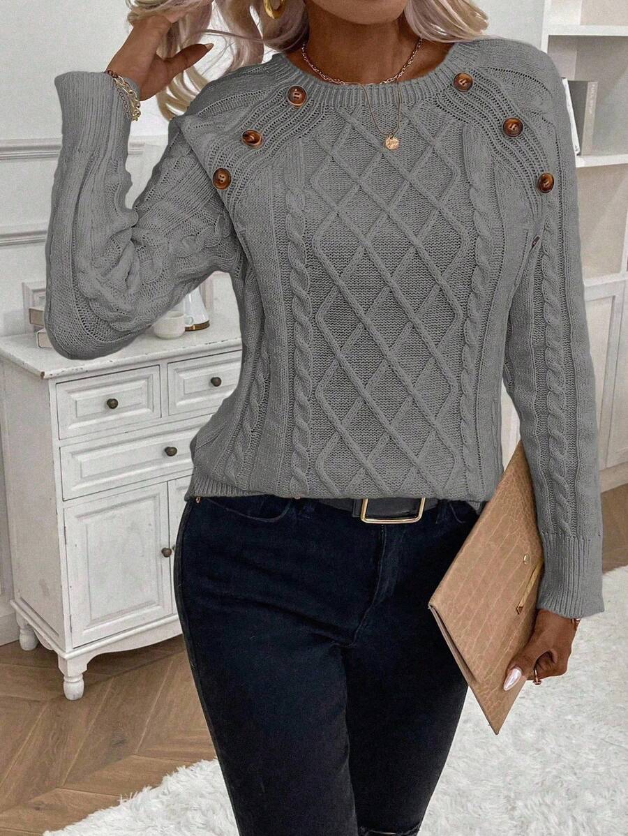 Samantha| Button-Detail Cable Knit Jumper