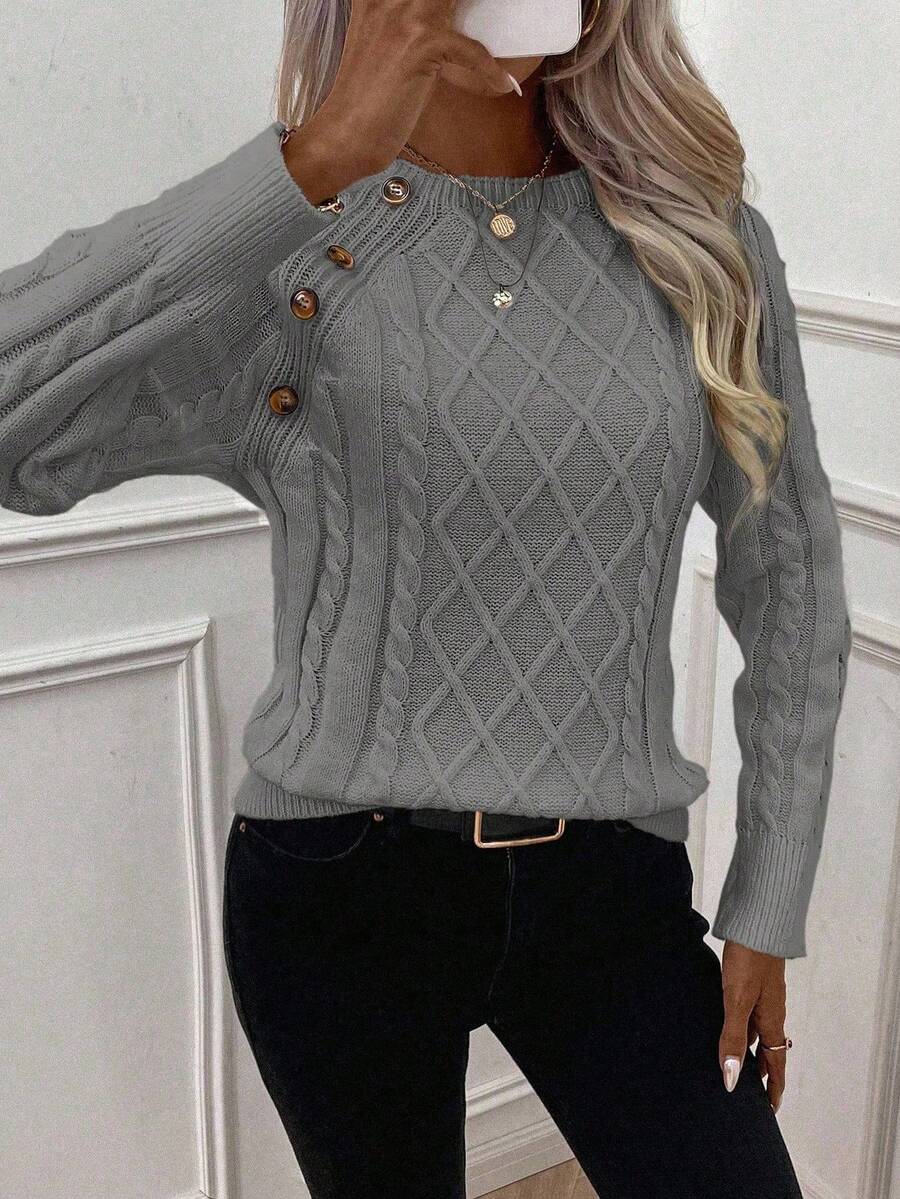 Samantha| Button-Detail Cable Knit Jumper