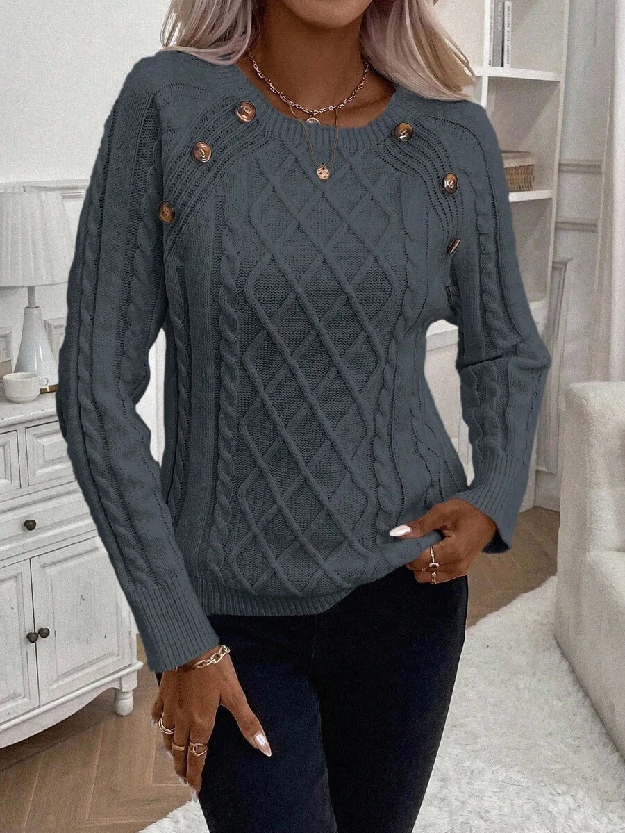 Samantha| Button-Detail Cable Knit Jumper