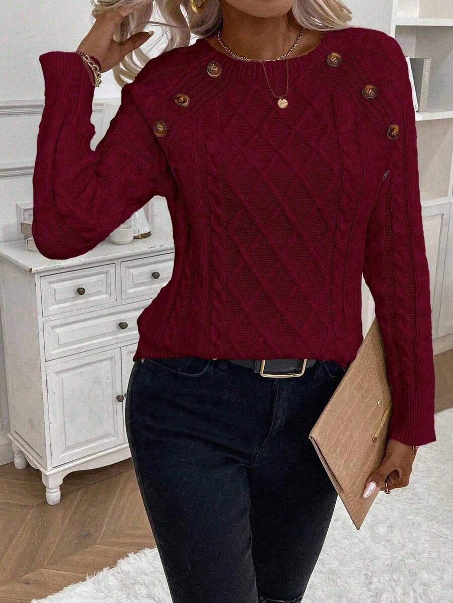 Samantha| Button-Detail Cable Knit Jumper