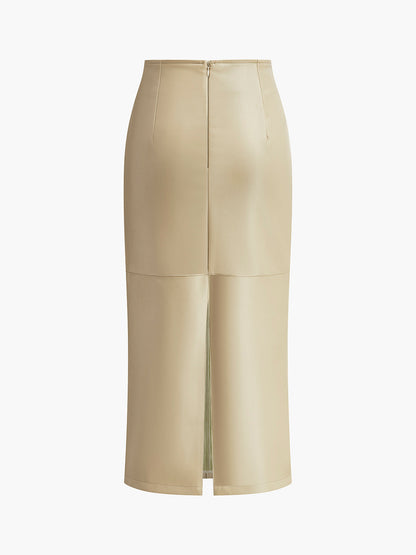 Faux Leather Piping Sit Midi Skirt