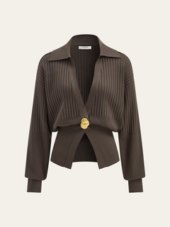 Ribbed Collared Metal Button Cardigan