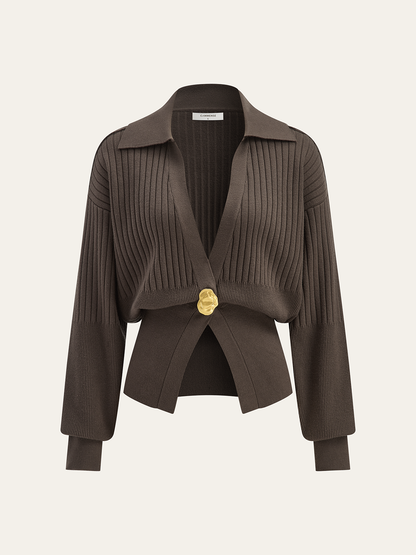 Ribbed Collared Metal Button Cardigan