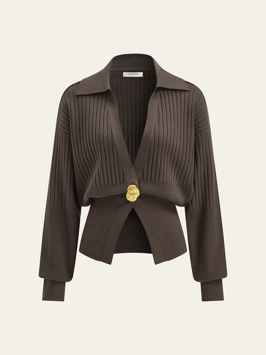 Ribbed Collared Metal Button Cardigan