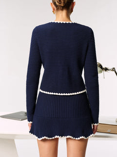 Contrast Scalloped Trim Metal Button Cardigan