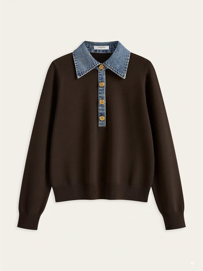 Denim Collar Wool Blend Knit Top