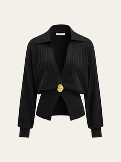 Ribbed Collared Metal Button Cardigan