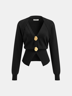 Metal Button V-Neck Knit Cardigan