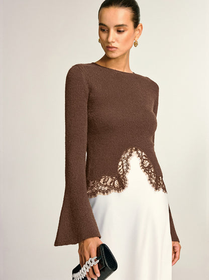 Lace Hem Bell Sleeve Wool Blend Knit Top