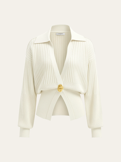 Ribbed Collared Metal Button Cardigan
