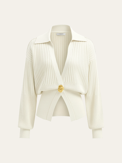 Ribbed Collared Metal Button Cardigan