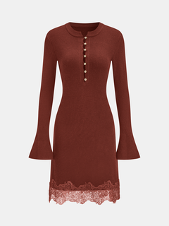 Wool Blend Lace Hem Metal Button Mini Dress