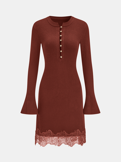 Wool Blend Lace Hem Metal Button Mini Dress