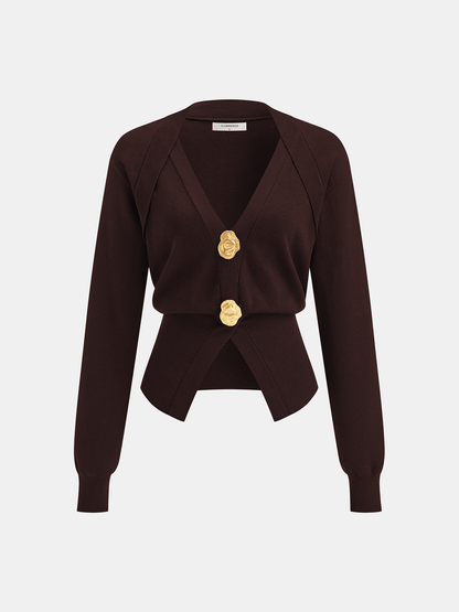 Metal Button V-Neck Knit Cardigan