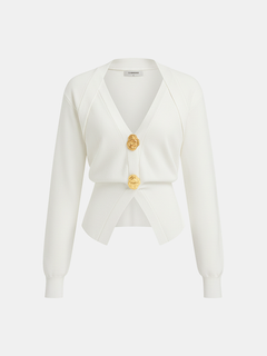 Metal Button V-Neck Knit Cardigan