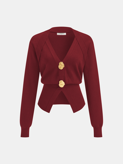 Metal Button V-Neck Knit Cardigan