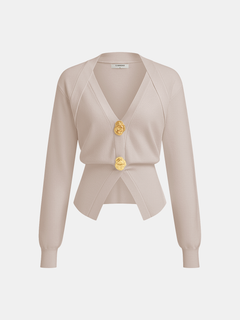 Metal Button V-Neck Knit Cardigan