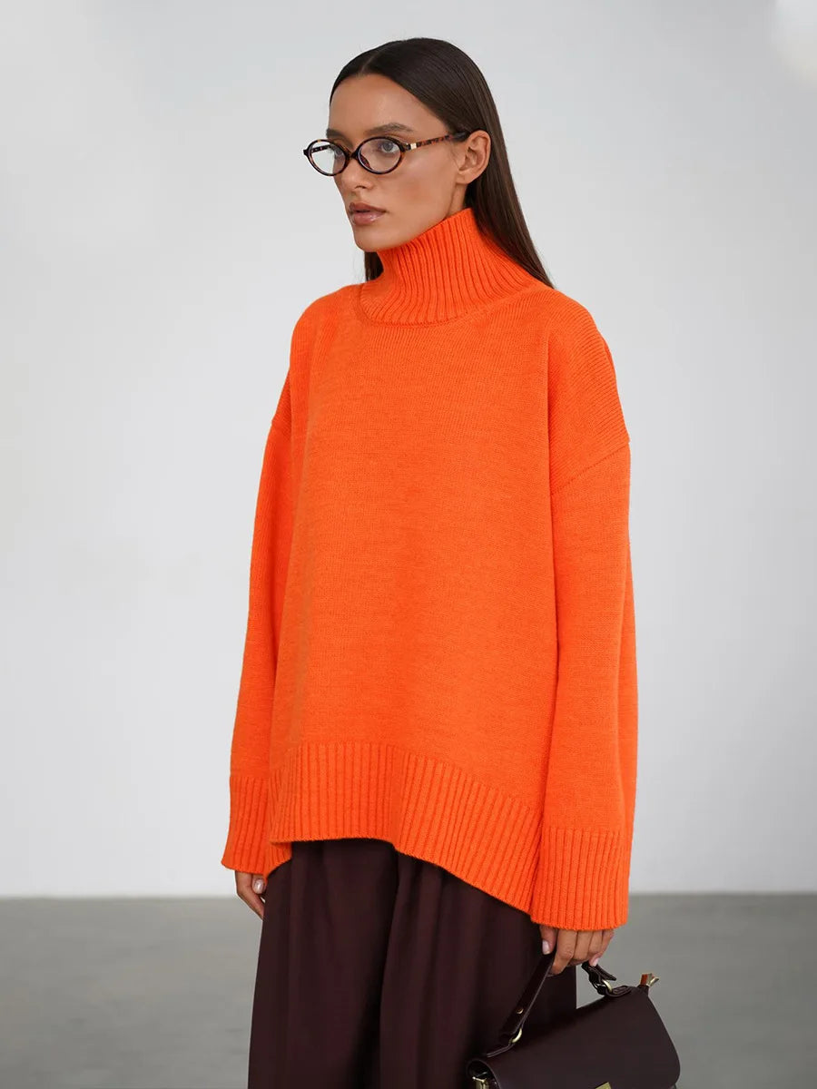 Blubelle Autumn Winter Women's Oversized Turtleneck Sweater Casual Warm Solid Basic Loose Knitted Jumper Pullover