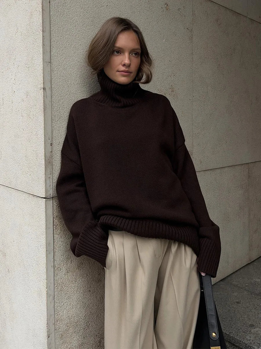 Blubelle Autumn Winter Women's Oversized Turtleneck Sweater Casual Warm Solid Basic Loose Knitted Jumper Pullover