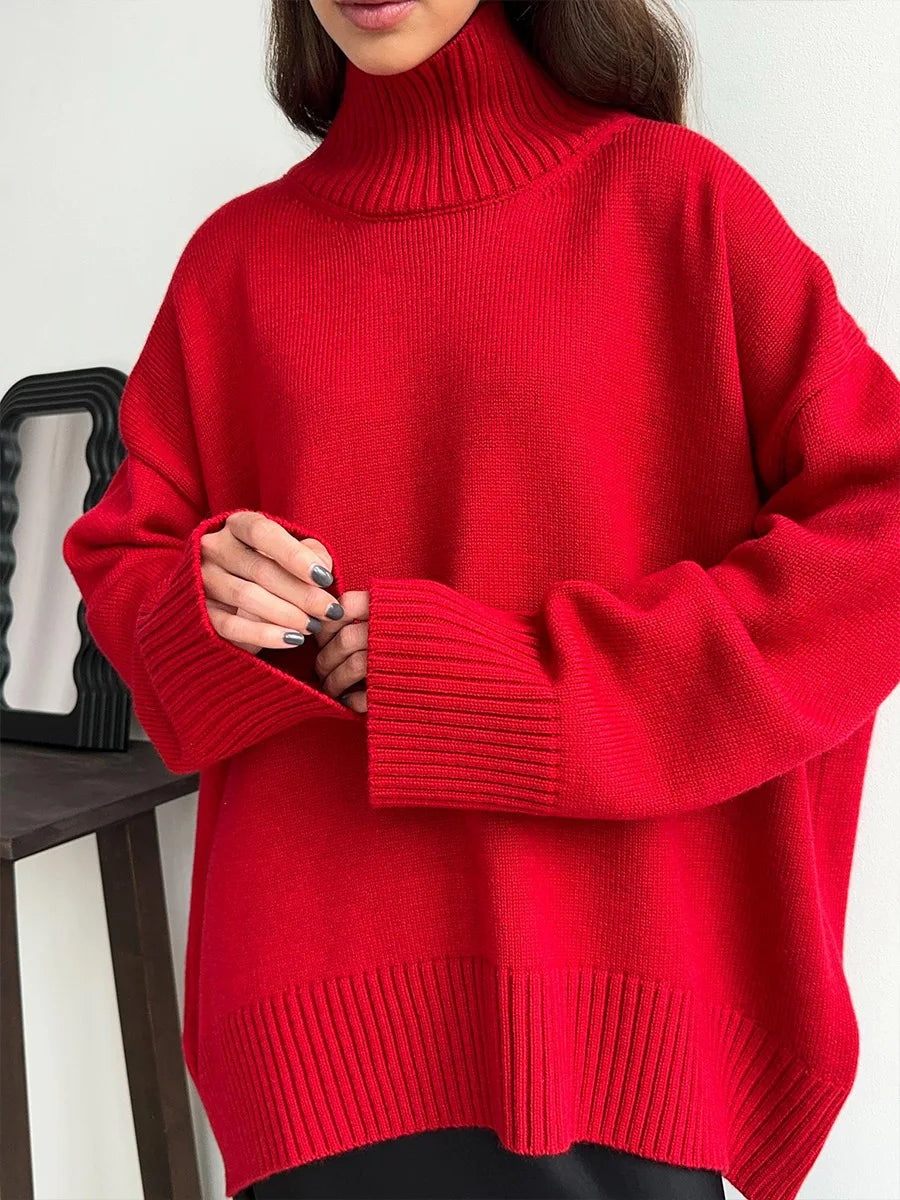 Blubelle Autumn Winter Women's Oversized Turtleneck Sweater Casual Warm Solid Basic Loose Knitted Jumper Pullover