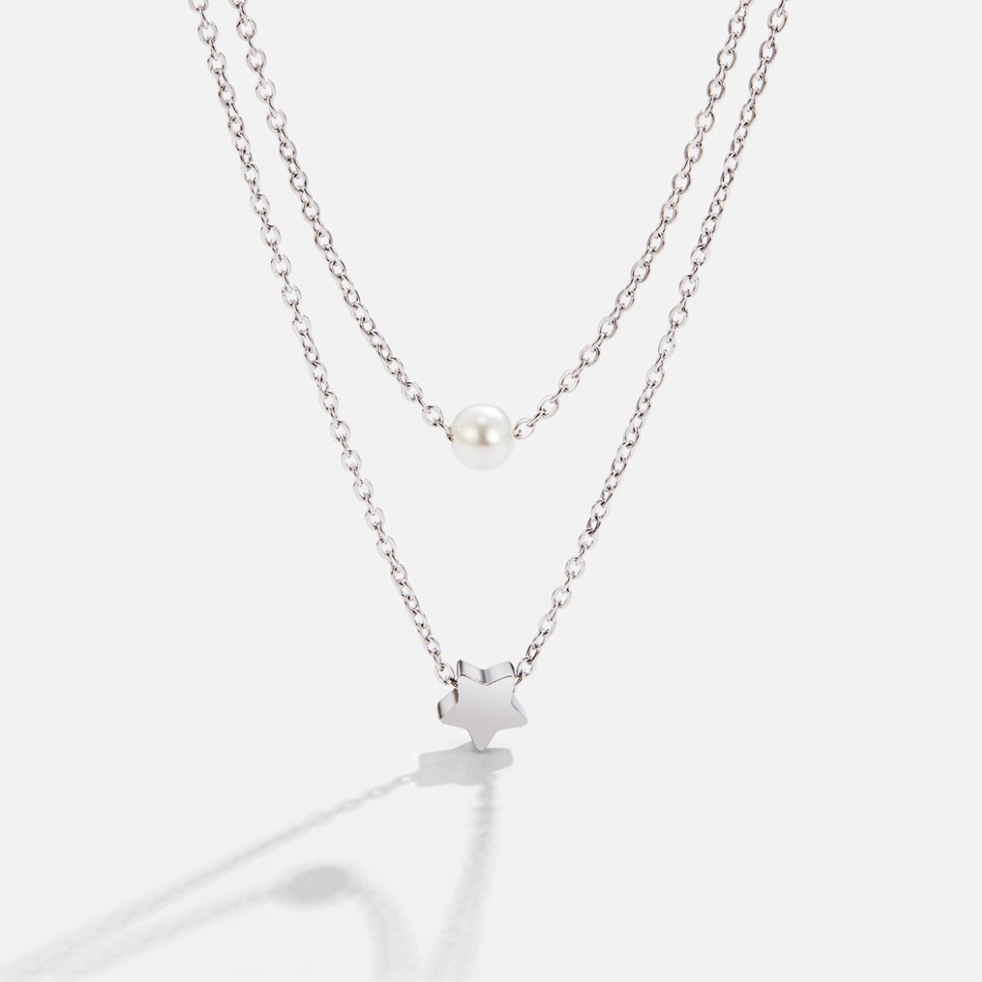 Layered Silver Necklace with Star and Pearl