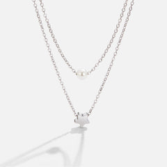 Layered Silver Necklace with Star and Pearl