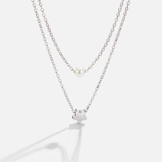 Layered Silver Necklace with Star and Pearl